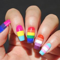 ✨Katie✨ on Instagram: “Happy pride month!! 🏳️‍🌈💅 • • • #pridemonth #nails #nails💅 #💅 #nailsnailanails #nailart #nailart💅 #nailpolish #nailsofinstagram…” Rainbow Nail Inspiration, Short Gel Nails Colorful, Nails Pride Short, Short Nail Designs Rainbow, Nails For Pride Month, Trans Nail Art, Lgbtq Nail Designs, Pan Flag Nails, Pansexual Nails Designs