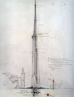 a drawing of a tall tower on top of a hill