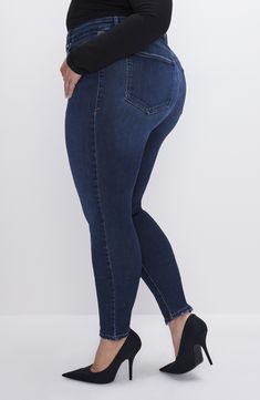 These skinny jeans are made from stretchy denim with exposed buttons that spotlight its gap-proof, contoured high waist. LycraXFit technology brings four-way stretch to the denim so you can move seamlessly throughout your day. 29" inseam; 10" leg opening; 11 1/2" front rise; 15 1/2" back rise (size 10) Exposed-button fly Five-pocket style 93% cotton, 5% Lycra® elastomultiester, 2% Lycra® spandex Machine wash, tumble dry Imported Black Owned/Founded Fitted Mid-rise Jeggings With Button Closure, High Waist Fitted Jeggings With Button Closure, Stretch Denim Blue Jeans With Button Zip Fly, Tight Straight Leg Elastane Jeans, High Rise Stretch Jeggings With Button Closure, Stretch High Rise Jeggings With Button Closure, High Stretch High Waist Dark Wash Jeans, Tight High Waist Elastane Jeans, High Stretch Straight Leg Denim Jeans