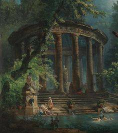 an image of a painting of people in the water by a building with columns and statues