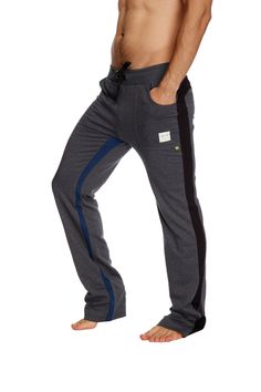 Ultra Flex Yoga Track Pant (CHARCOAL w/Black & Royal) Mens Pants 4-rth Functional Black Cotton Sweatpants, Sporty Cotton Pants For Sports, Sporty Cotton Sports Pants, Functional Cotton Gym Pants, Sporty Activewear With Pockets For Loungewear, Functional Cotton Pants For Gym, Comfortable Sweatpants For Loungewear With Elastic Side Panels, Stretch Cotton Color Block Bottoms, Gray Cotton Sweatpants For Workout