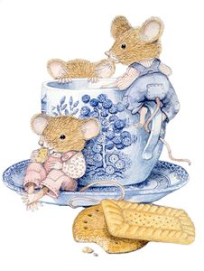 two mice sitting on top of a coffee cup with the words good morning written below