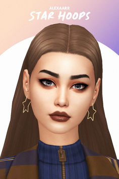 an animated image of a woman with long brown hair and blue eyes, wearing star hoop earrings