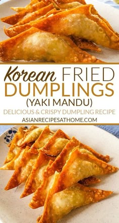 korean fried dumplings on a white plate with text overlay that reads, korean fried dumplings yaki mandu