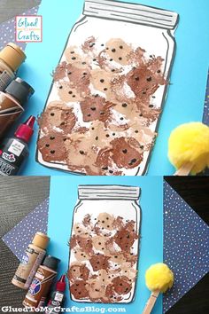 this is a collage of cookies in a mason jar with paint and craft supplies