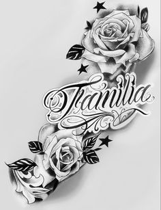 an old school style tattoo with roses and stars on it's arm that says tranquila