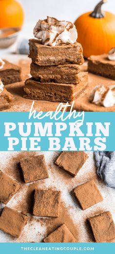 healthy pumpkin pie bars stacked on top of each other with text overlay that reads healthy pumpkin pie bars