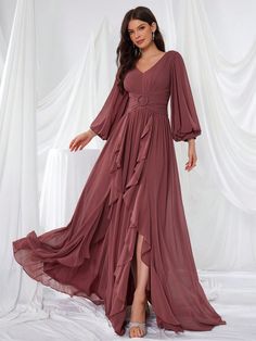 V-Neck Chiffon Lantern Sleeve Pleated Bodice Waist Decorated With Pearl And Floral Lace Trim Dress Redwood   Long Sleeve Chiffon Plain A Line Non-Stretch  Weddings & Events, size features are:Bust: ,Length: ,Sleeve Length: Long Flowy Robe, Flowy Robe, Color Caoba, Lace Lanterns, Long Sleeve Chiffon Dress, Lace Trim Dress, Trim Dress, Pleated Bodice, Dress Home