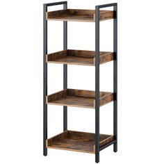 an industrial style shelving unit with four shelves and black metal frame, against a white background