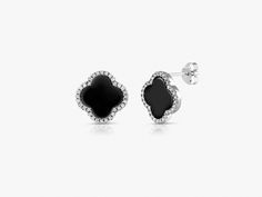 Black Onyx Silver Earrings , Onyx silver Studs, Black Gemstone, Four Leaf Clover, Minimalist Earrings, Modern Studs, Bridesmaid Earrings Beautiful clover shape black onyx studs are shiny and gorgeous. Best jewelry for women, girls to attend parties, weddings or any other activities. .CRAFTED : 925 Sterling Silver Rhodium Plated for a life-time luster. Posts ensure earrings are securely and comfortably in place throughout your daily life. .SPECIFICATIONS & SIZES: Earrings Size: 10X10 mm. Tota Black Earrings With Diamond Accents, Black Diamond Accent Earrings For Anniversary, Black Cubic Zirconia Fine Jewelry Earrings, Black Pierced Earrings In Fine Jewelry Style, Black Pierced Earrings Fine Jewelry, Black Diamond Cubic Zirconia Earrings As Gift, Black Fine Jewelry Earrings, Black Diamond Earrings For Gift, Black Sterling Silver Fine Jewelry Earrings