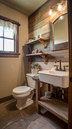 a bathroom with a toilet, sink and shelves on the wall next to each other