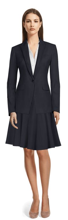 This elegant skirt suit in dark blue is ready for whenever you need it. Features a modern slim fit, and it is easy to pair with shirts, blouses or tops. Details include a 1 button closure and peak collar. Expertly finished inside and out, this skirt suit is a wardrobe investment Crafted in a beautiful woven fabric, made out of terylene, rayon and spandex, what gives very good properties that make this blazer really comfortable, wrinkle free and easy to wear. An ideal suit for every day. The fully lined high waisted skirt with no side pockets and front zipper creates a classic skirt suit for all occasions.  At sumissura every single suit is made to measure, so you can customize this design or you can create your own here: Skirt Suit Blue Summer Suit, Custom Dress Shirts, Dark Blue Suit, Business Skirt, Design Your Own Shirt, Classic Skirts, Navy Blue Suit, Garment Industry, High Waisted Pencil Skirt