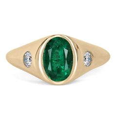 Displayed is a classic Top vivid green emerald & diamond three stone men's ring in 14K yellow gold. This solitaire ring carries an emerald in a secure bezel setting. Fully faceted, this gemstone showcases excellent shine and brilliance. The emerald has very good clarity with minor flaws that are normal in all genuine emeralds! The gem has a medium-dark green color and very good luster. Diamonds are bezel set on the shank of the ring, creating a classic duo of emerald and diamond. An ideal solita Luxury Men's Oval Emerald Ring, Men Emerald Ring Gold, Luxury Green Emerald Ring With Smooth Bezel, Three Stone Ring Settings, Gold Mens Ring, Yellow Gold Emerald Ring, Oval Cabochon Gift, Mens Emerald Rings, 14k Gold Multi-stone Emerald Ring Gift, Gold Rings Fashion