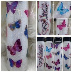 four different images of the same bottle with butterflies painted on it, one is white and the other is purple