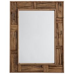 a wooden frame mirror on a white wall