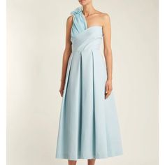 This Designer Is Regularly Worn By Hrh Kate Middleton. The Stretch Satin Tulle Material Is So Elegant And Heavy In The Right Way. It Is Exquisitely Cut And A Beautiful Color. Spring Cocktail Evening Dress With Pre-draped Style, Spring Cocktail Evening Dress Pre-draped, Spring Evening Dress With Asymmetrical Neckline For Dinner, Light Blue One-shoulder Cocktail Dress, Blue Dress With Asymmetrical Neckline For Evening, Blue Cocktail Evening Dress With Pleated Bodice, Spring Cocktail Pre-draped Midi Dress, Blue Pre-draped Dress For Spring, Chic Blue Dress With Pleated Bodice