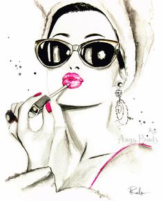 a drawing of a woman wearing sunglasses and holding a lipstick in her hand with the word,