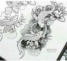 a drawing of two koi fish and flowers on a white sheet with black ink