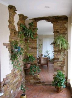 a brick wall with potted plants on it