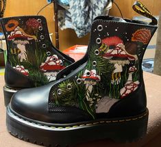 The boots in the photo are a pair I painted recently for myself but can absolutely paint for you, we can work together on a design and color scheme. I can rush the order if needed but cannot guarantee exact time as I will need to order your boots and wait for them to come in, to begin.  Can't wait to make your idea come true! Cottage Core Mushroom Outfit, Custom Painted Doc Martens, Cool Doc Martens, Hand Painted Doc Martens, Painted Boots Diy Ideas, Cottage Core Boots, Custom Docs, Painted Doc Martens, Custom Doc Martens