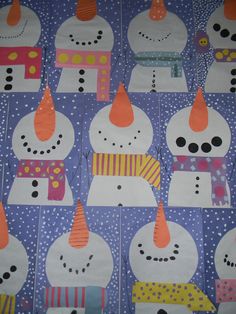 paper snowmen with hats and scarves on them