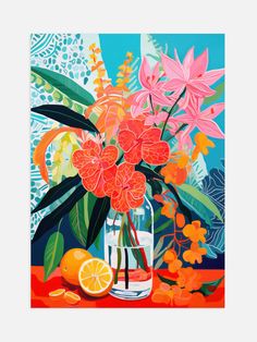 a painting of flowers and oranges in a vase