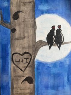 two birds sitting on top of a tree branch in front of a moon and heart