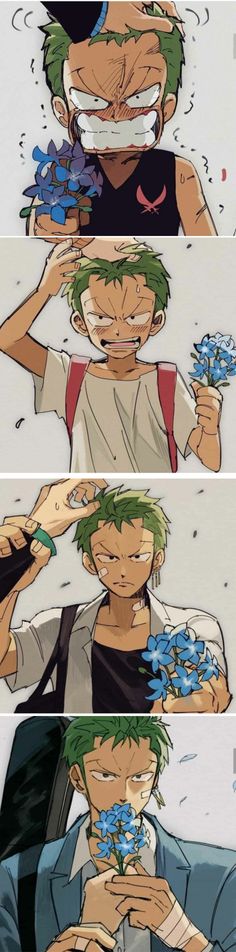 some anime characters with different expressions on their faces and hands, one is holding flowers