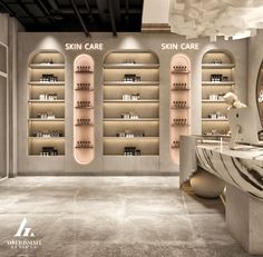 the interior of a skin care store with shelves full of products and lights above them