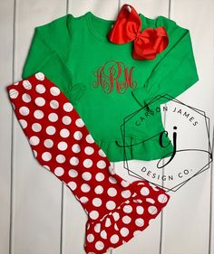 *Check out this adorable ruffle sleeve long sleeve shirt complete with large vine monogram and optional polka dot leggings! What says Christmas more than a classic red and green outfit! Perfect for pictures or a holiday party! Pants and shirt are sold separately. To order, first select shirt size. Next, choose pants size from the “add pants” menu. If you wish to purchase the shirt only, select “no pants, shirt only”. The shirt is $27 and the pants are $17 for a total of $44 for the outfit. Bow i Toddler Girls Christmas Outfits, Christmas Shirt Outfit, Christmas Monogrammed Shirt, Red And Green Outfit, Holiday Party Pants, Christmas Monogram Shirt Kids, Christmas Monogram Shirt, Girl Monogram Shirt, Matching Childrens Christmas Pajamas