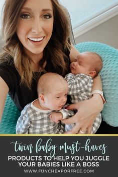 a woman holding a baby in her arms with the words twin baby must have products to help you juggle your babies like a boss