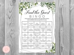 a printable wedding game with greenery on the front and side, next to a pink