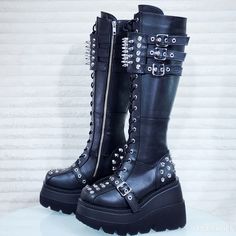 Shaker 225 Black Matte Platform 4.5" Wedge Heel Spiked Knee Boots NY DEMONIA | Totally Wicked Footwear Hot Clothes, Hot Outfits, Black Matte, Platform Wedges, Wedge Heels, New Shoes, High Boots, Knee High Boots, Knee Boots