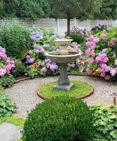 a garden filled with lots of flowers next to a birdbath and shrubbery