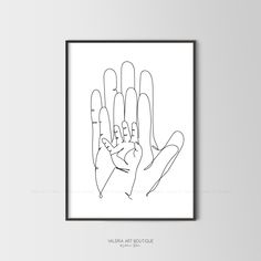 a black and white line drawing of a hand holding the word love on it's palm