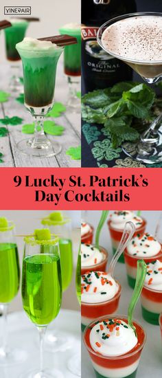 st patrick's day cocktails with shamrock sprinkles and green drinks