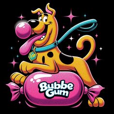 a cartoon dog is sitting on top of a bubble gum candy box with its tongue out