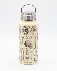 thermos bottle is decorated with different types of bones