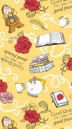 a yellow background with red roses and books