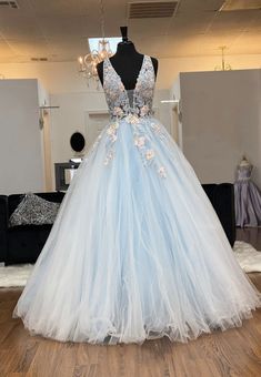 Blue V-neck Prom Dress, Blue V-neck Dress For Prom Season, Light Blue V-neck Gown For Prom, Light Blue Floor-length Ball Gown For Prom, Light Blue Floor-length Evening Dress For Debutante Ball, A Line Evening Dress, Bridesmaid Dress, Blue V, Prom Dresses Blue