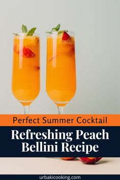 two glasses filled with fresh peach bellini cocktail