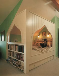 an image of a room with bookshelves in the shape of a dog house