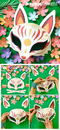 DIY 3D paper Kitsune fox mask paper craft fun project. Kitsune Mask Template, Paper Fox Mask, Fox Mask Template, Easy Diy Costume, Fox Facts, Printable Halloween Masks, Printable Animal Masks, Japanese Fox, Paper Fox