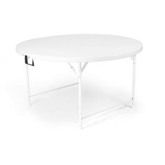 a white table with two legs and a black handle on the top, against a white background