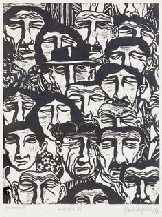 black and white drawing of many faces with one man's head in the center