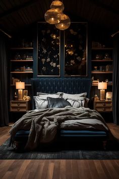 a bedroom with dark walls and wooden floors