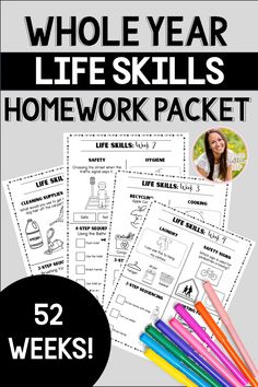 Homework and morning work targeting life skills in activities of daily living can be fun and functional! If you are struggling to find life skills morning work or homework activities that target functional topics that are practical and developmentally appropriate, then this 52 weeks of life skills printable homework is for you! Includes sample parent letter, 52 pages of homework with 18 different life skills topics, and a picture representation of each topic. Sorting Laundry, Social Media Safety, Homework Activities, Expired Food, Weekly Printable