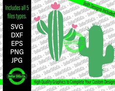 cactus svg file with hearts and flowers in the background, includes all 5 files types