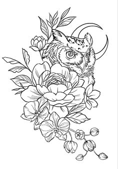 a black and white drawing of an animal surrounded by flowers