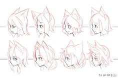 the stages of drawing an anime character's head with different angles and hair styles